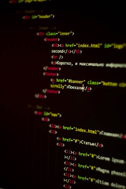 A computer screen displaying HTML code with tags and text in various colors, used for web development. The code includes header tags, links, and navigation elements, with some text in Cyrillic script.